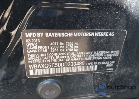 2013 BMW 528I из США, поврежденный, VIN WBAXG5C50DD230485